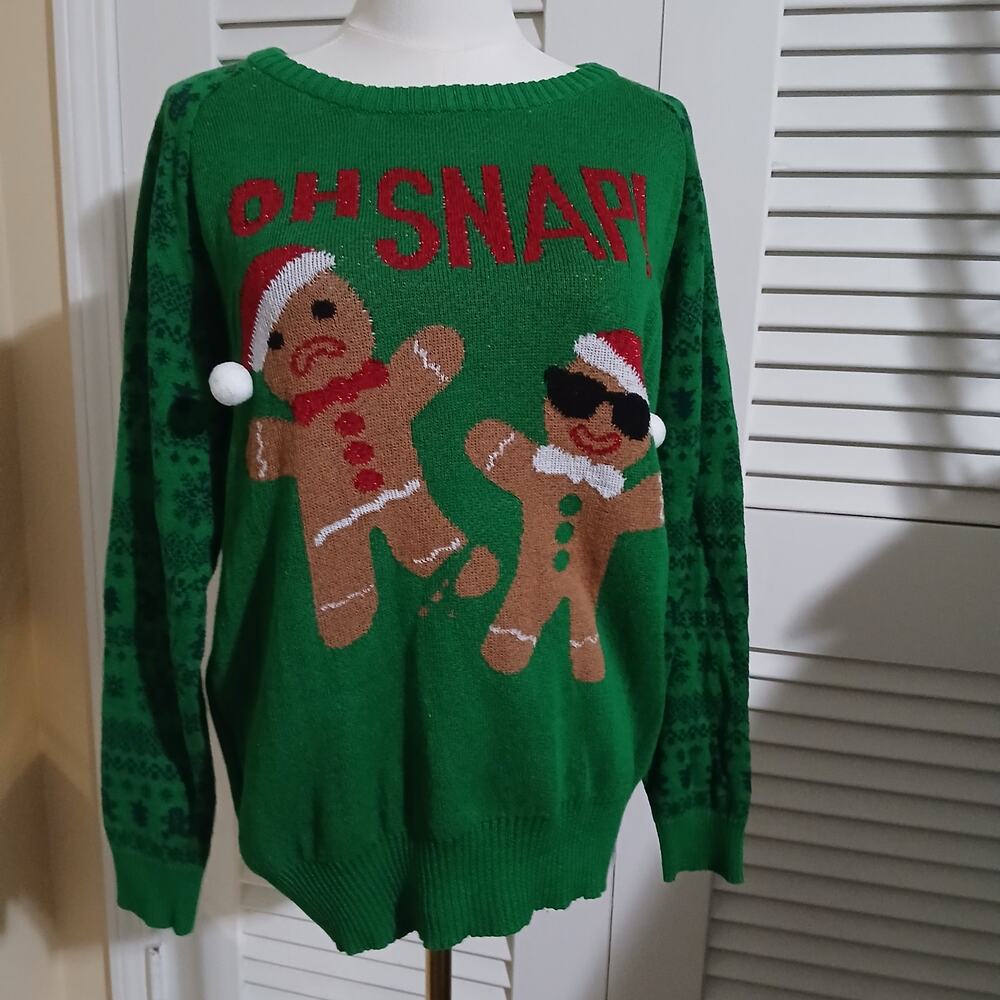 Ugly Christmas Sweater Large Men's OH SNAP Gingerbread Men Green/Red Easy Care